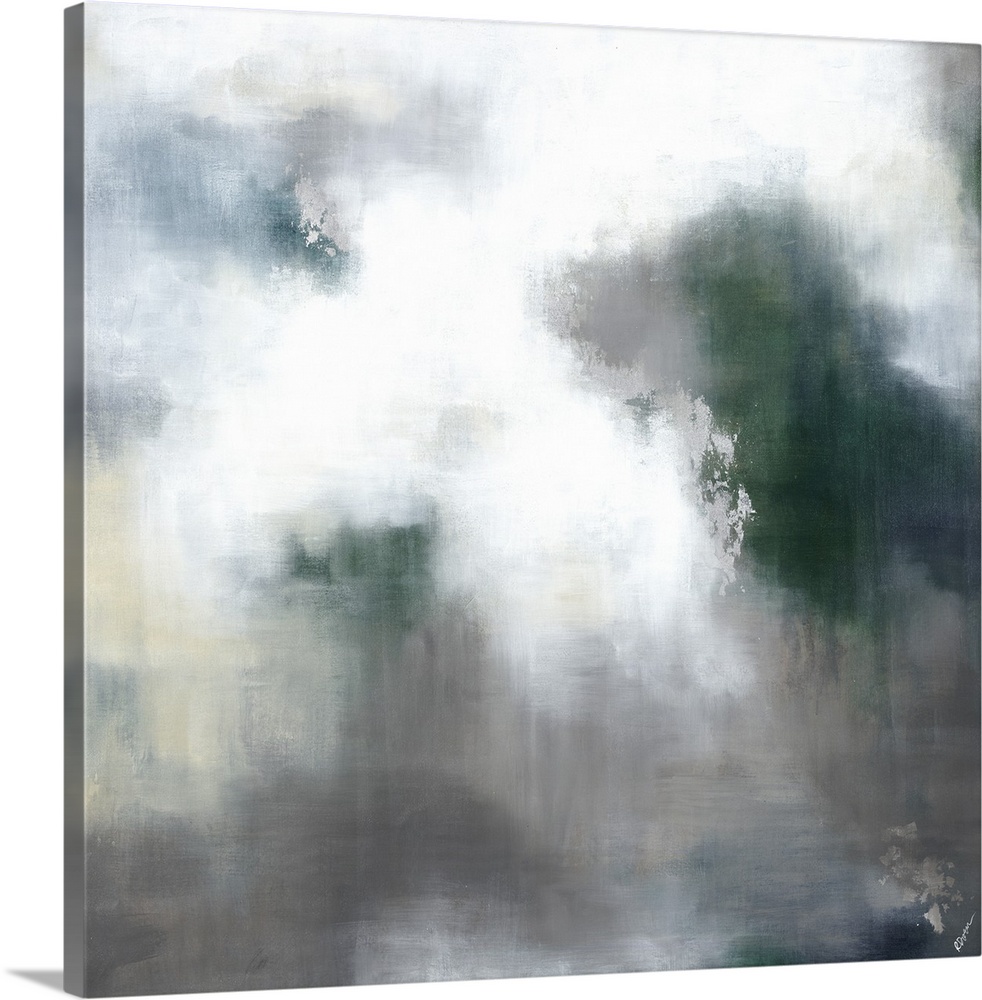 Abstract contemporary painting in gray and green tones, resembling a cloudy sky.