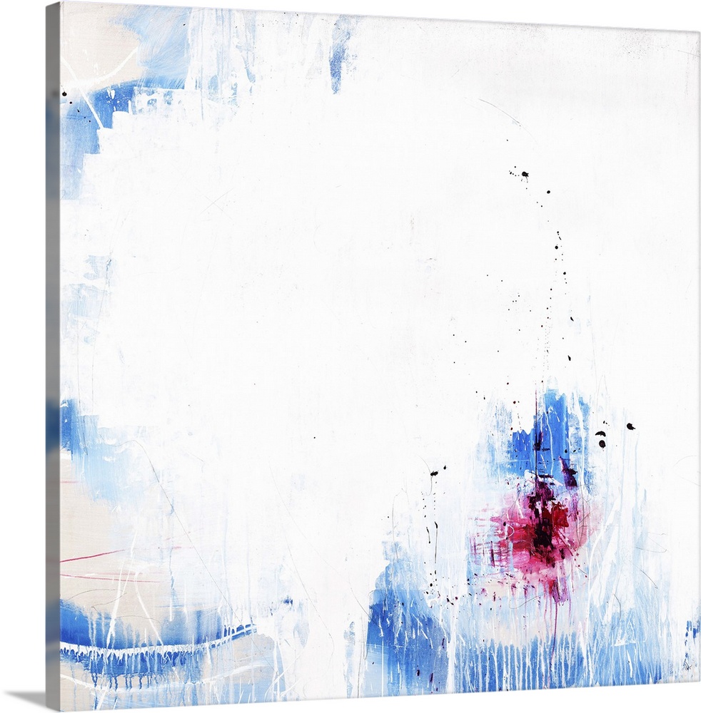 A contemporary abstract painting of a vibrant blue and red against a white background.