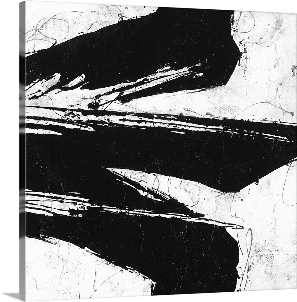 Black and white abstract painting of black strokes of paint in wandering directions.
