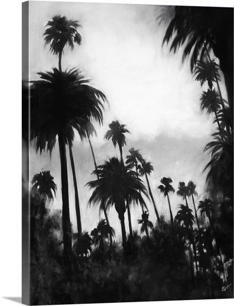 A black and white contemporary painting of a tree line of palm trees against of cloudy sky.