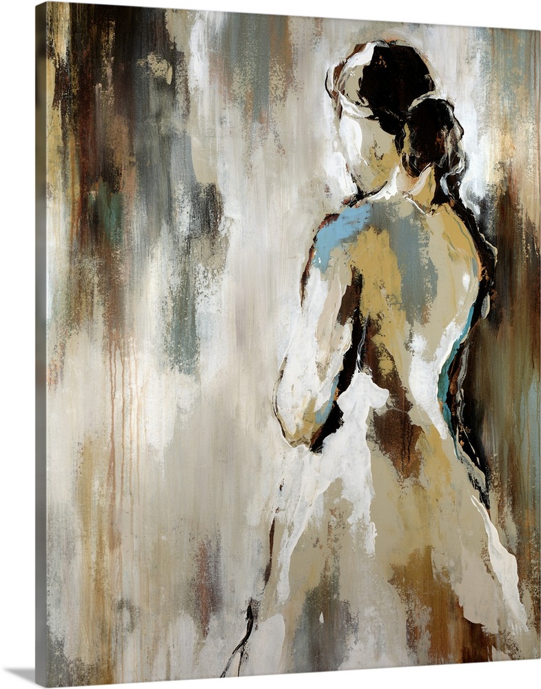 Giant abstract painting of a woman leaning against a wall in a dress looking the other way with a grungy textured background.
