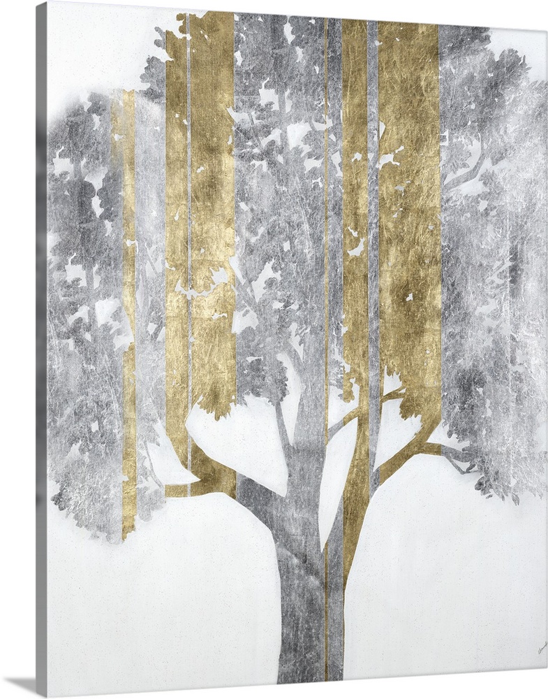 A modern painting of a single tree in silver with vertical streaks of gold.
