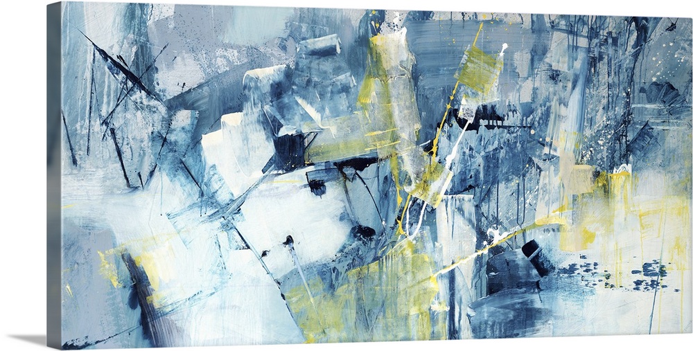Large abstract painting of textured blue brush strokes with yellow accents.