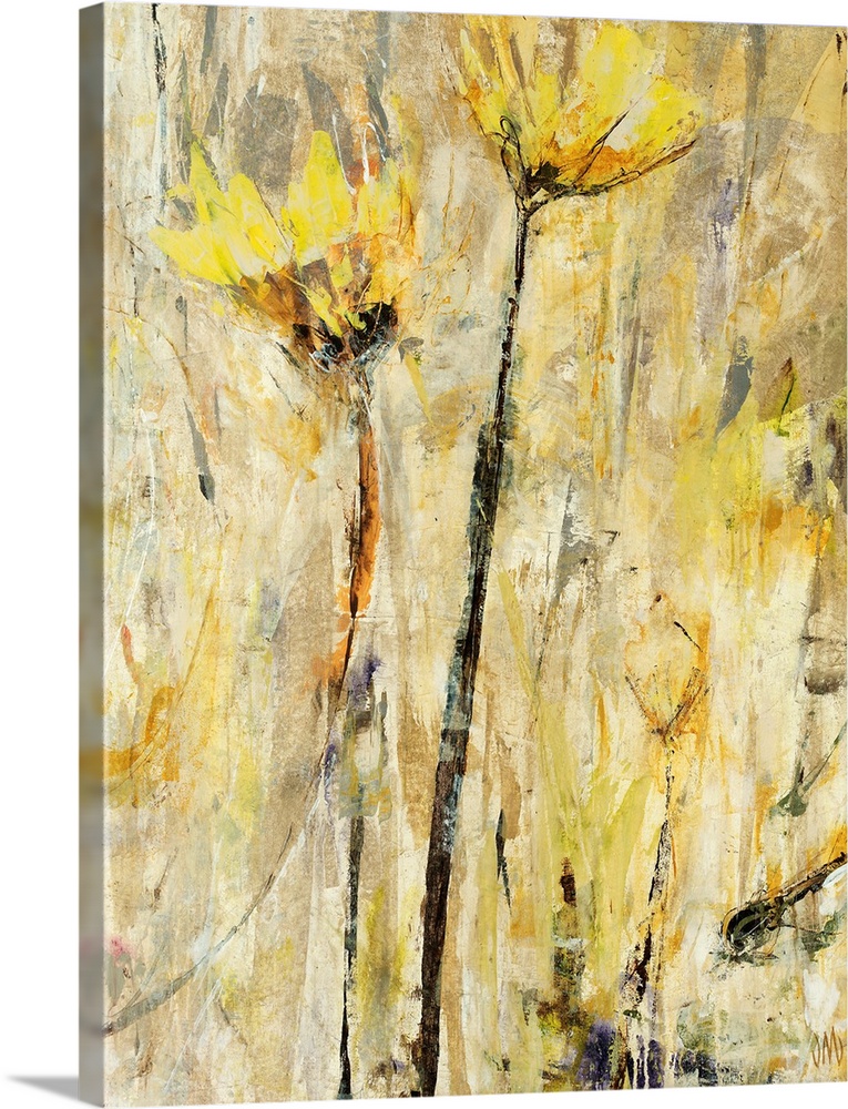 Large, vertical floral painting of two golden flowers, extending upward on a neutral background of harsh lines and brushst...