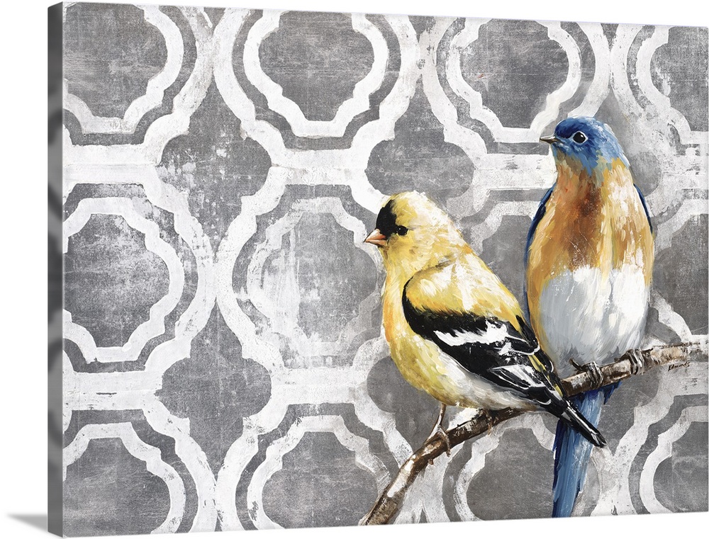 Two birds perched on a small branch against a circular tile moroccan pattern.