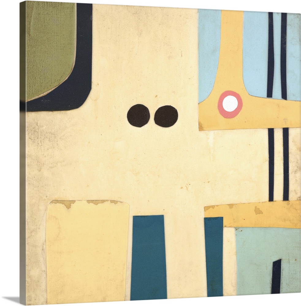 Contemporary abstract painting with colorful shapes in a mid-century style.