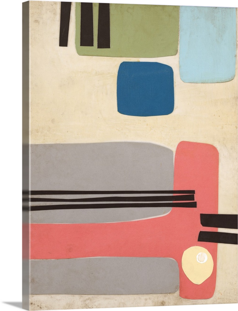 Contemporary abstract painting with colorful shapes in a mid-century style.