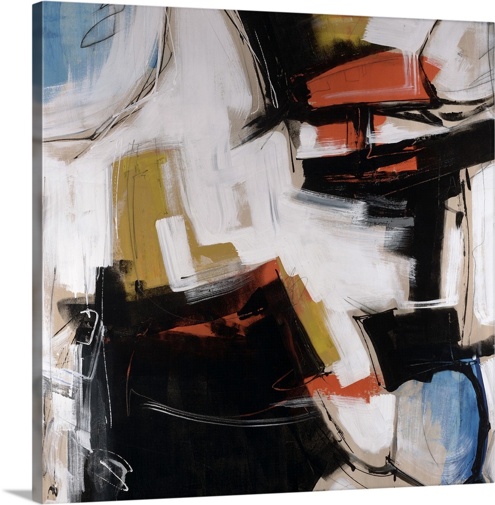 Square abstract painting on a large canvas of multicolored patches of thick brushstrokes with sharp, angular movements.