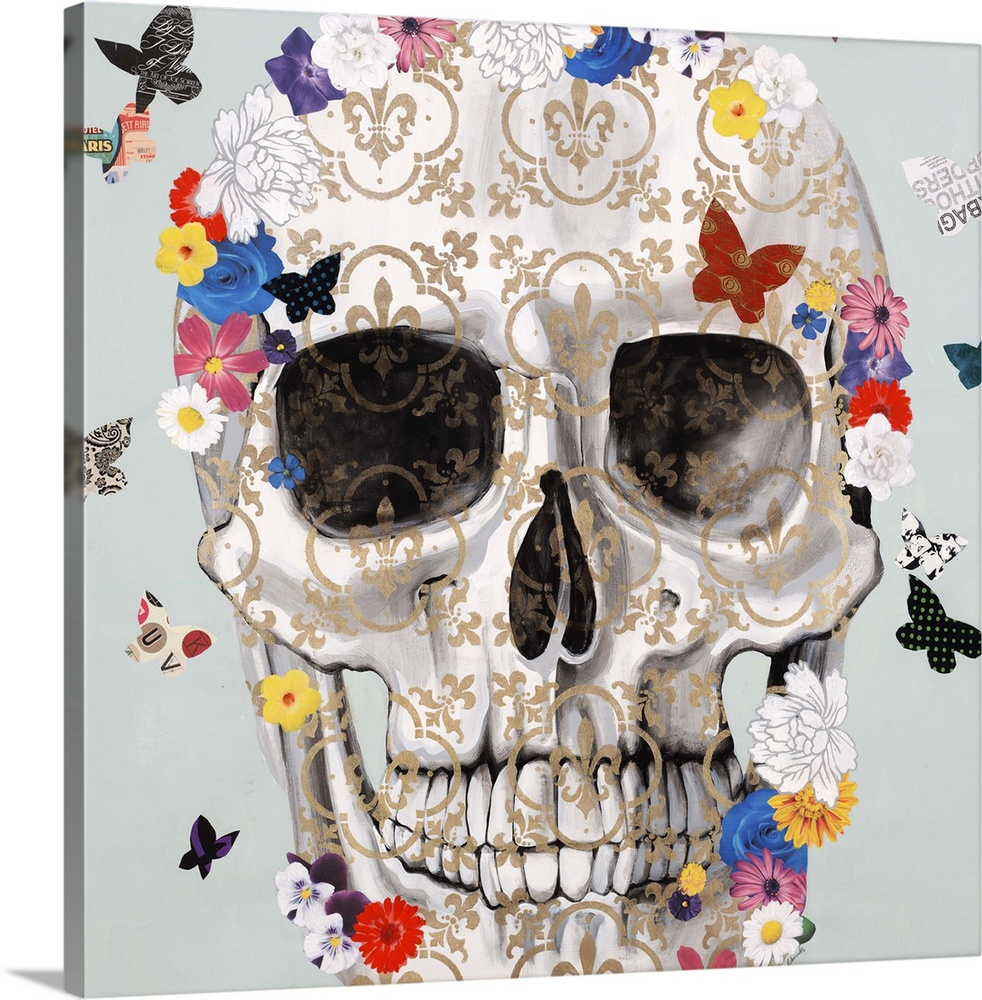 Artwork of a patterned skull surrounded by small, colorful butterflies.