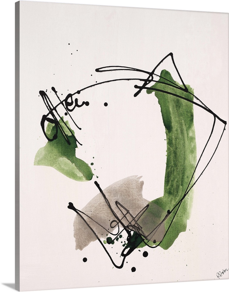 Contemporary abstract painting of dark black lines and splashes of green swirling around.