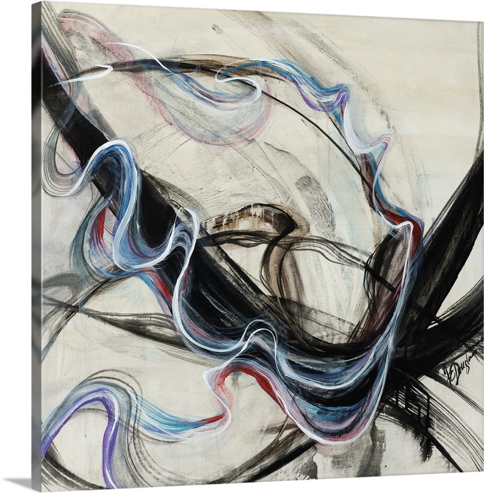 Abstract artwork that has streaks of black paint across it and than a swirl of colors is painted over it.
