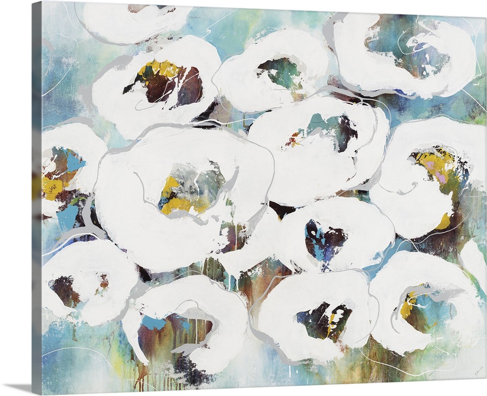 An abstract floral painting of white flowers with a multi-color background.
