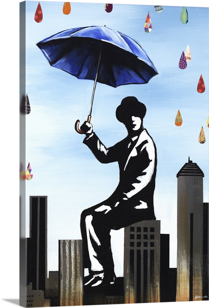 Mixed media artwork with a painting of a man holding a blue umbrella, sitting on a skyscraper rooftop while colorful raind...