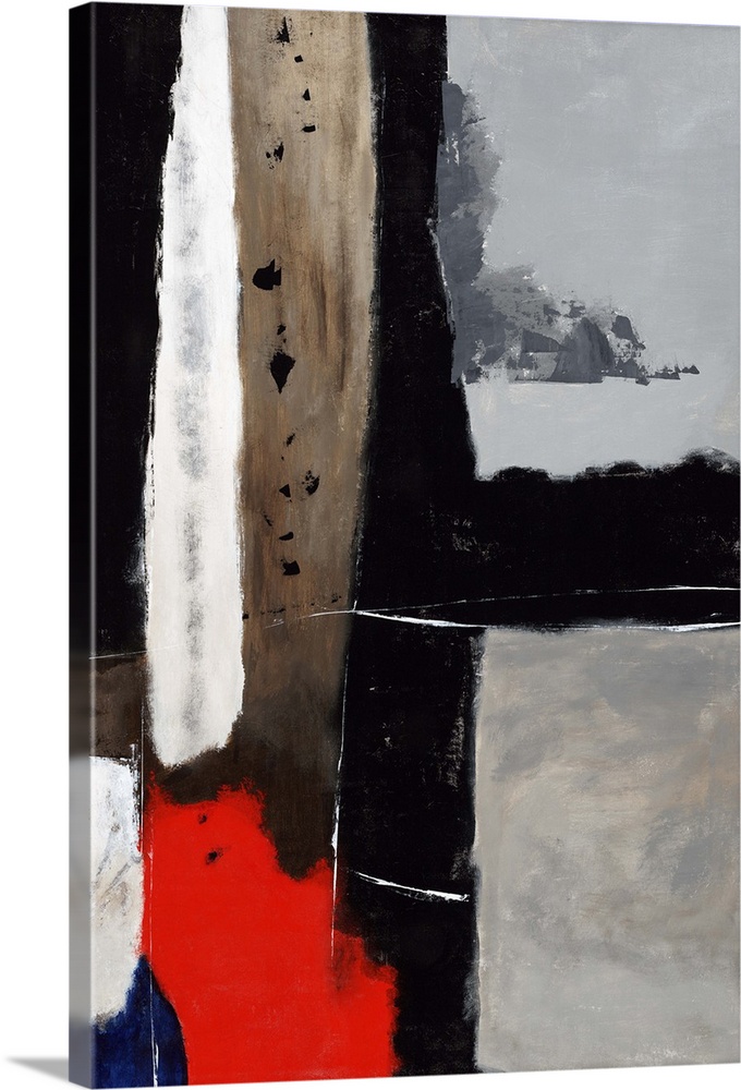 Contemporary abstract painting of dark colored retro shapes.