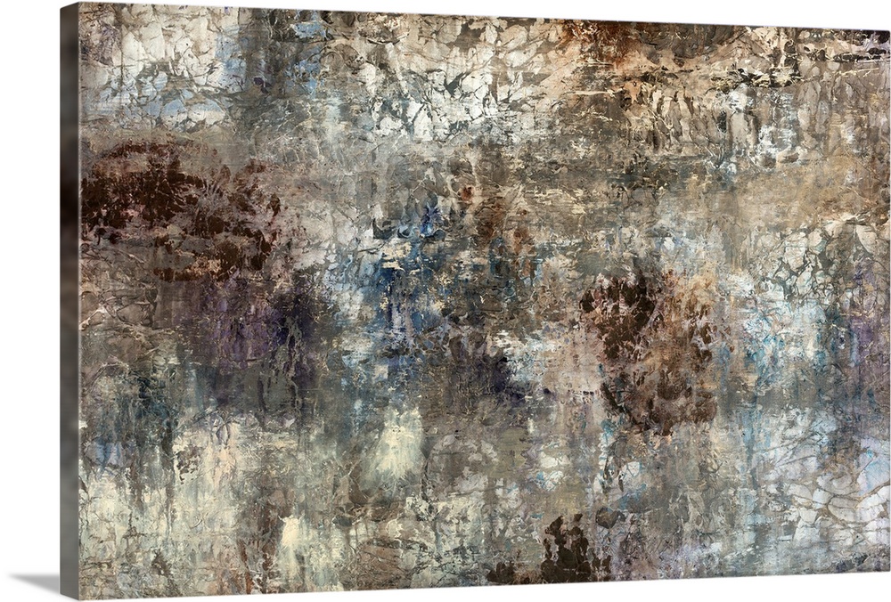 Contemporary abstract painting of muddied paint splatters with creases and cracks.