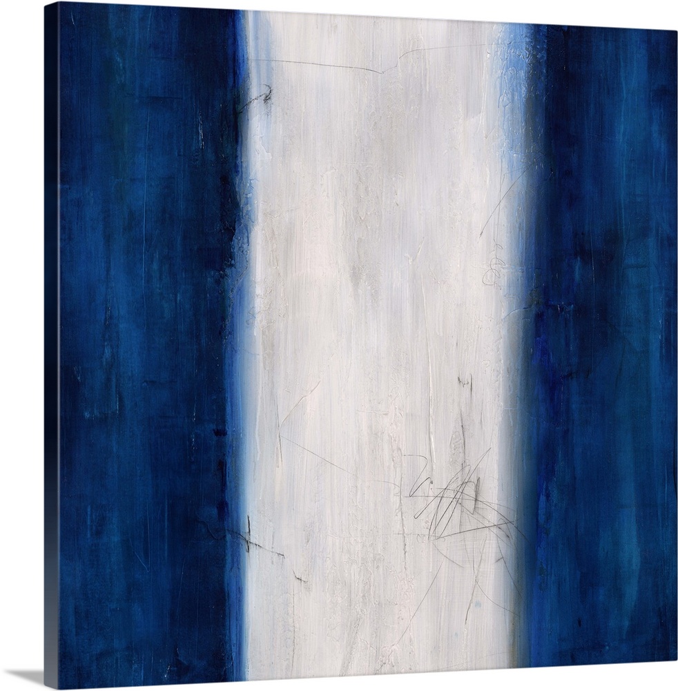 Abstract painting using dark blue stripes on the left and right sides of the image, with a white stripe in the center.