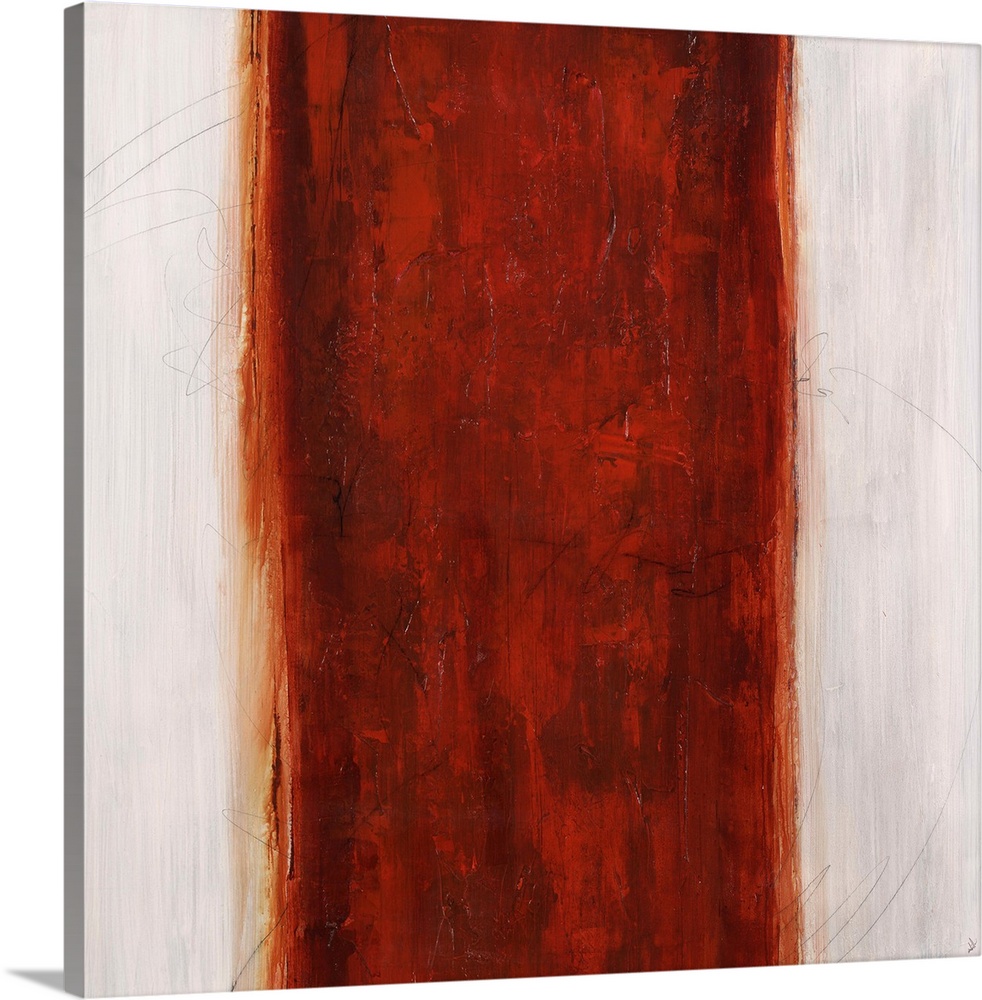 Abstract painting using white stripes on the left and right sides of the image, with a red stripe in the center.
