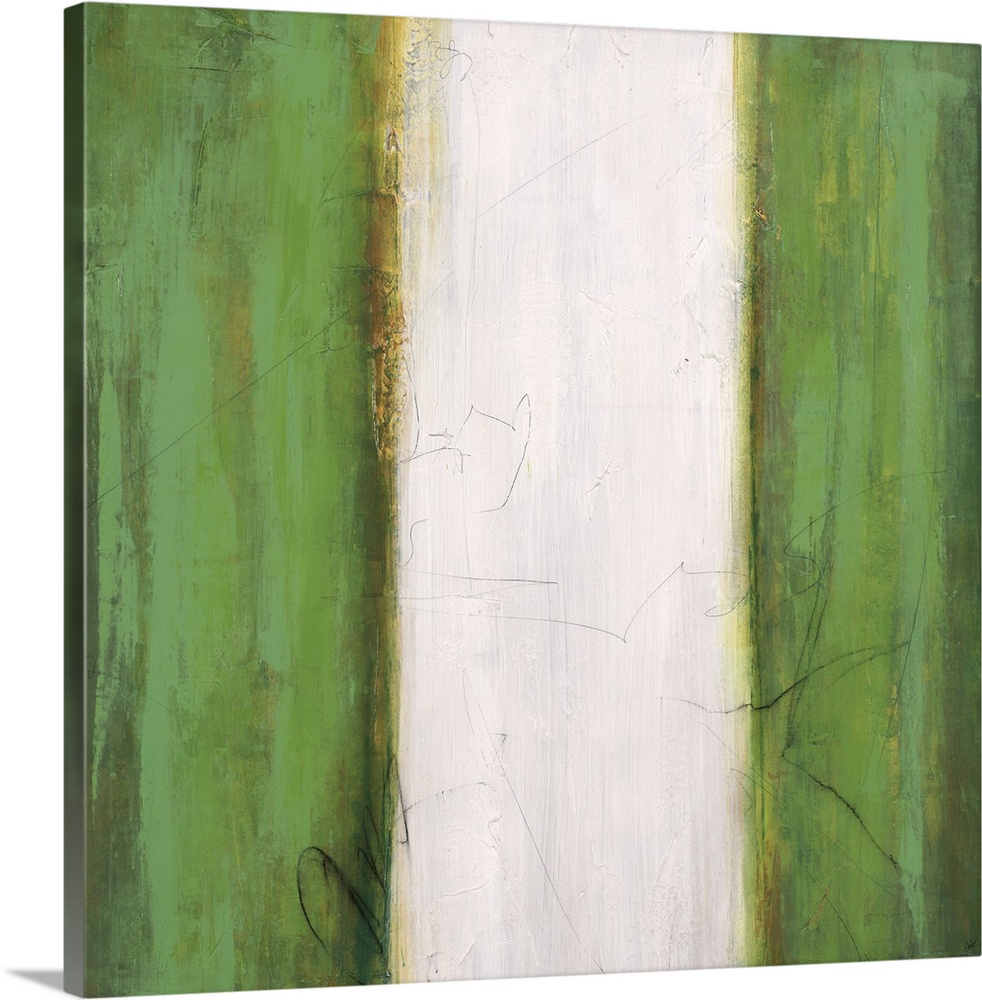 Abstract painting using green stripes on the left and right sides of the image, with a white stripe in the center.
