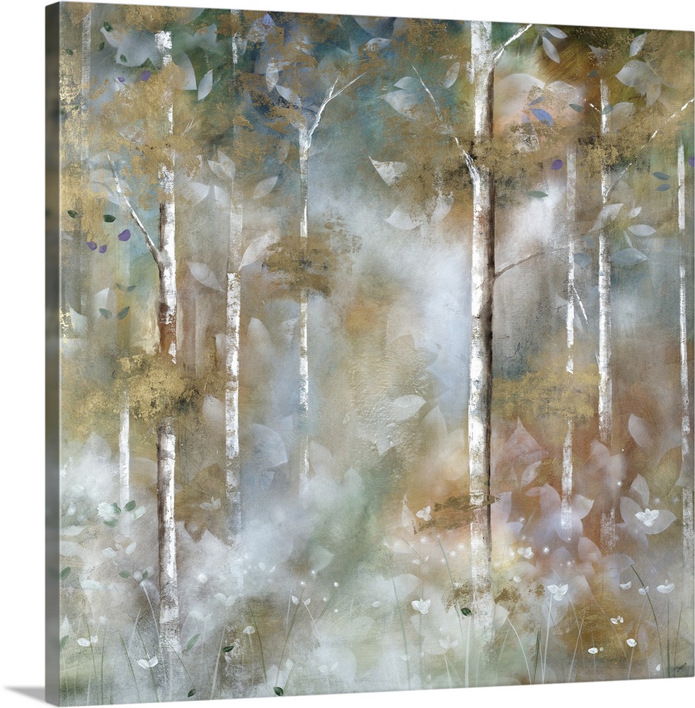 A square contemporary painting of a forest cover in a mist with an overlay of white leaves.