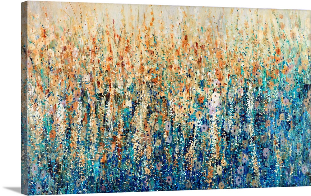 A mass of tall blue wildflowers growing amid grasses in a prairie-like setting. This impressionist-style painting in warm ...