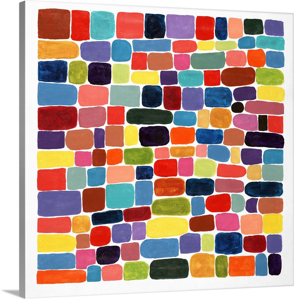 Contemporary abstract painting of brightly colored shapes making a mosaic.