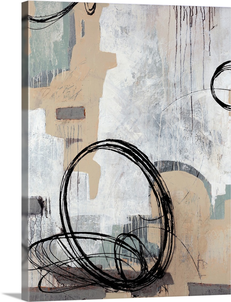 Contemporary abstract painting with an urban feel, featuring dark circular shapes on a neutral and white background.