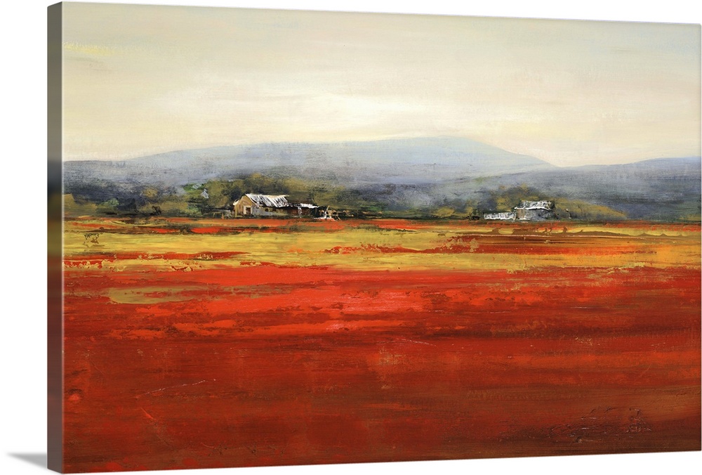 Contemporary artwork of a farm landscape with a red field.