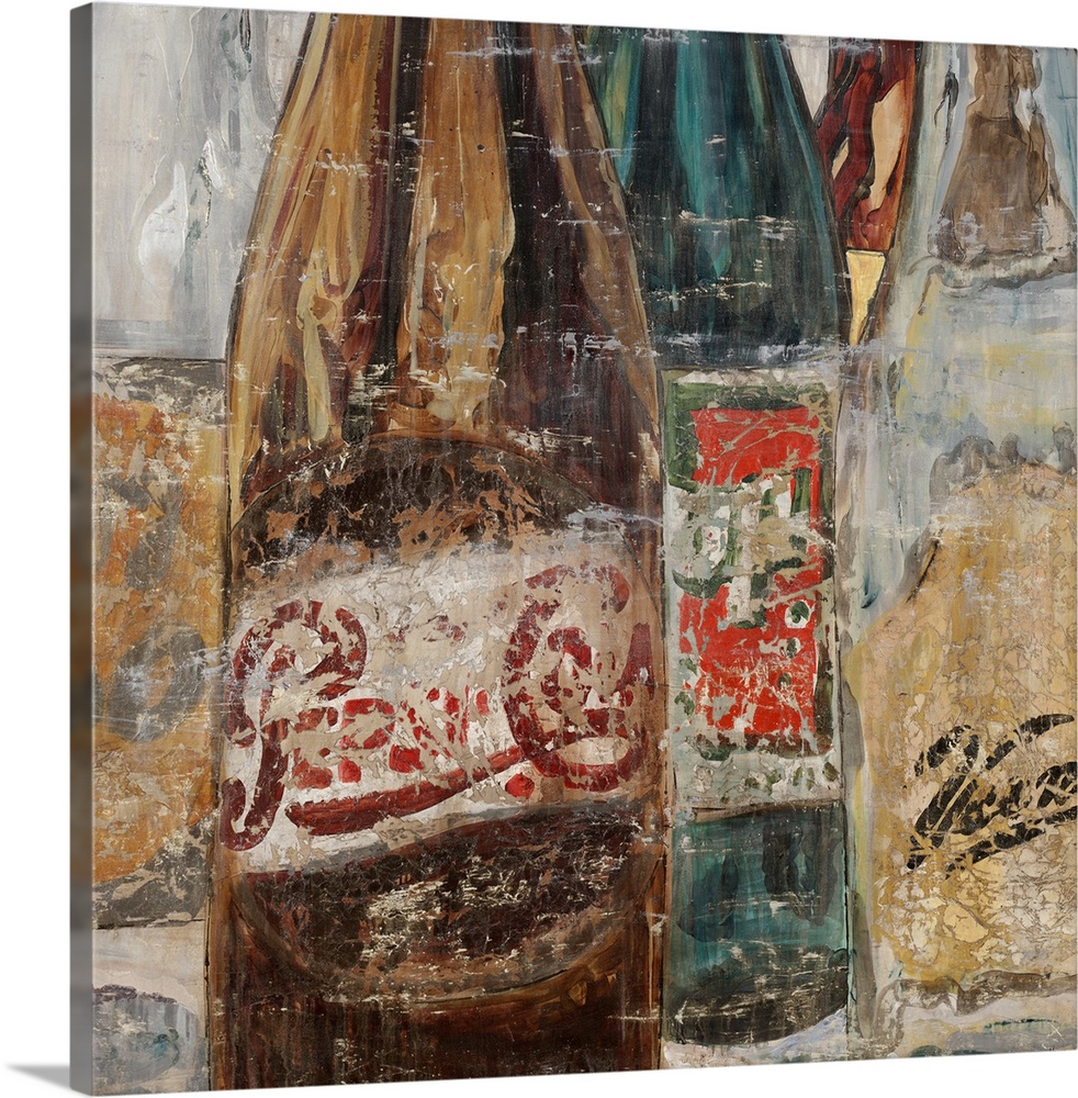 Contemporary painting of several vintage soda bottles, painted with a crackling texture that creates an antique feel.