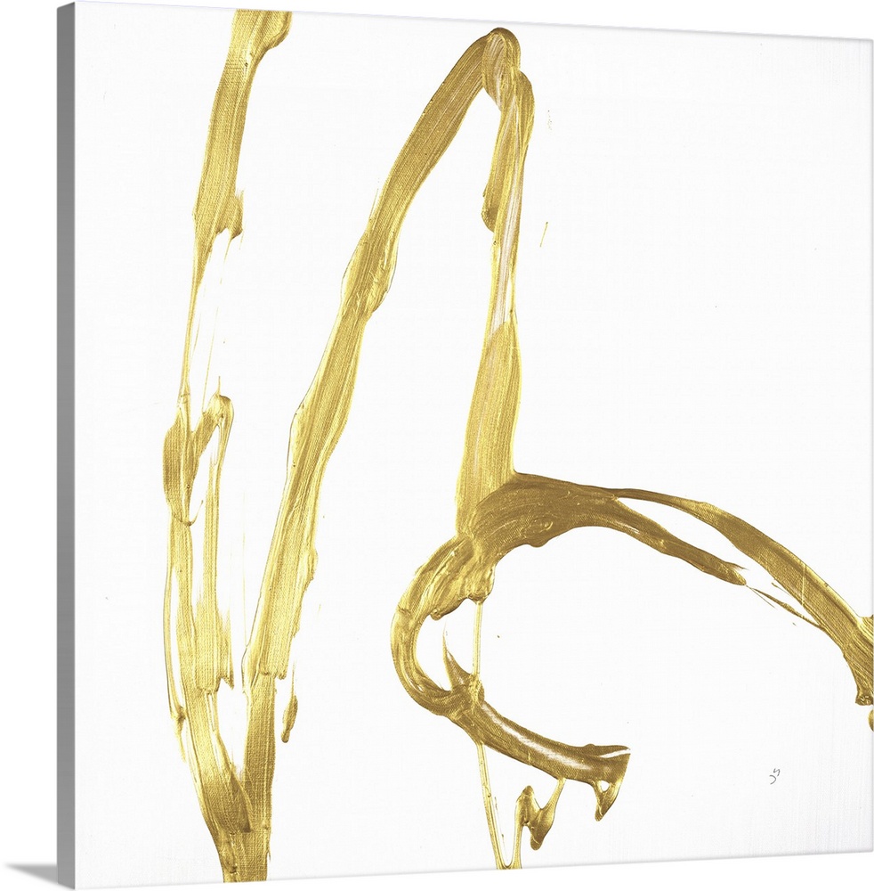 Square minimalist abstract artwork with metallic gold brushstrokes on a white background.