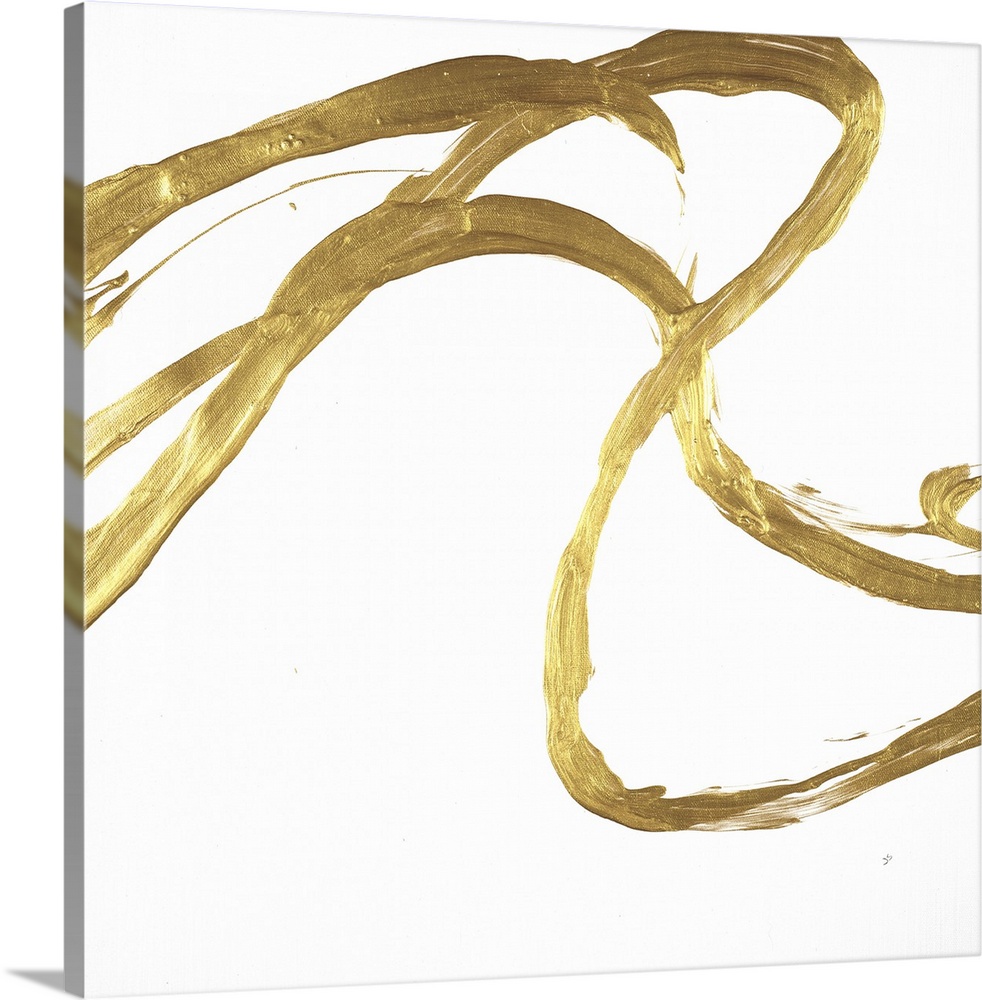 Square minimalist abstract artwork with metallic gold brushstrokes on a white background.