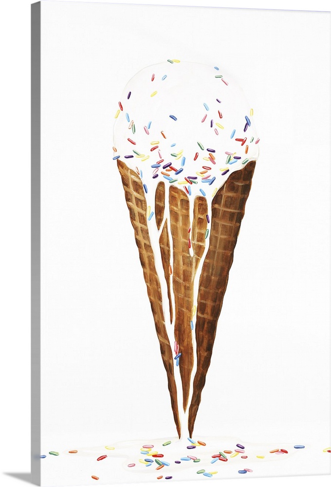 Contemporary painting of vanilla ice cream with sprinkles, melting over a waffle cone and onto the bottom of the canvas.