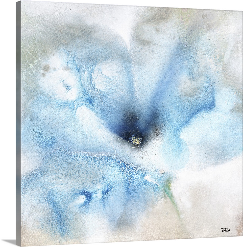 Square abstract painting of a large blue flower with gray, tan, and white hues around.