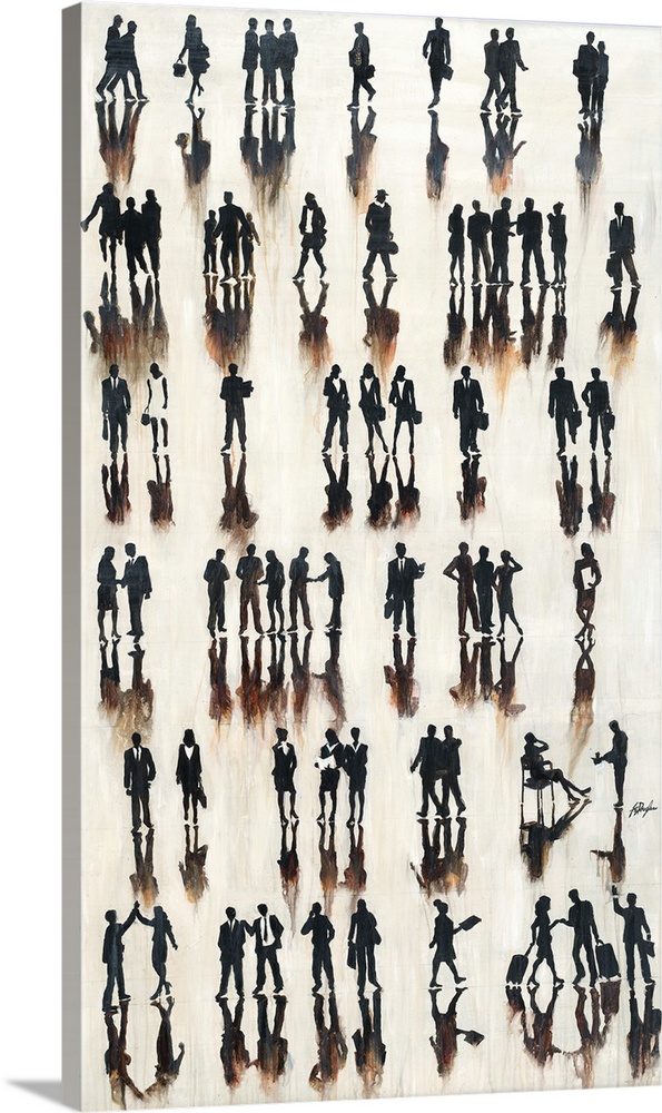 Contemporary painting of rows of silhouetted figures in different positions.