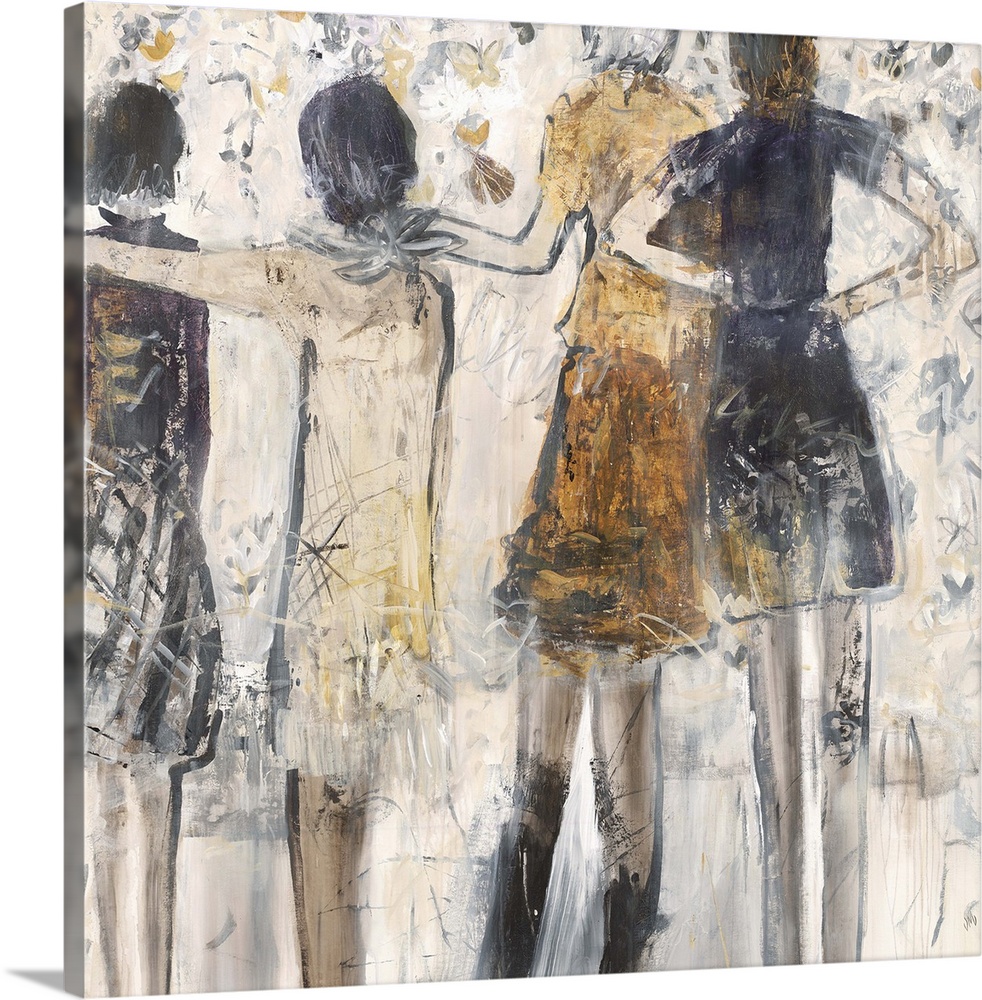 Contemporary abstract painting of female figure lined up together in earthy tones.