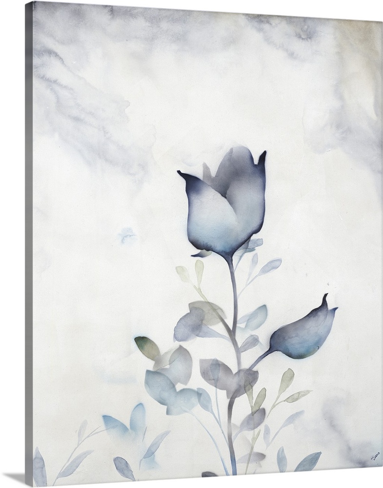 Contemporary painting of a soft blue flower against a faded blue background.