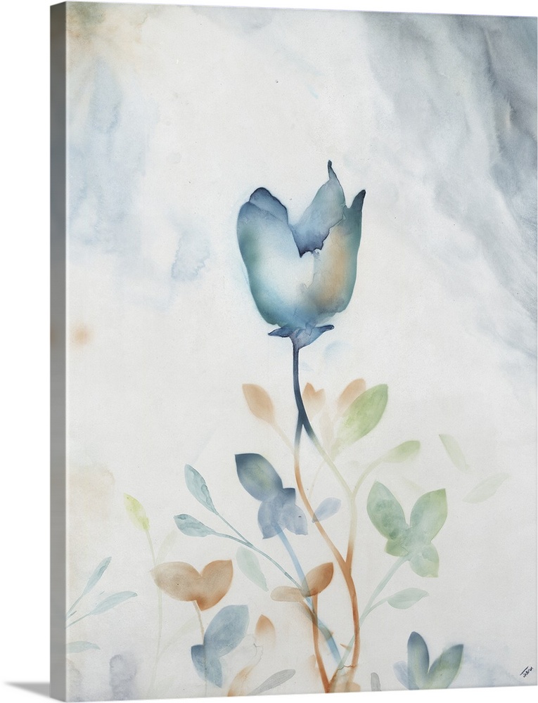 Contemporary painting of a soft teal flower against a faded teal background.