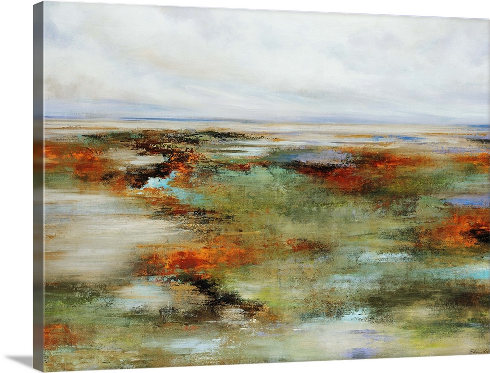 Abstract painting of wetlands surrounded by a colorful landscape, beneath a blue sky full of fluffy clouds.