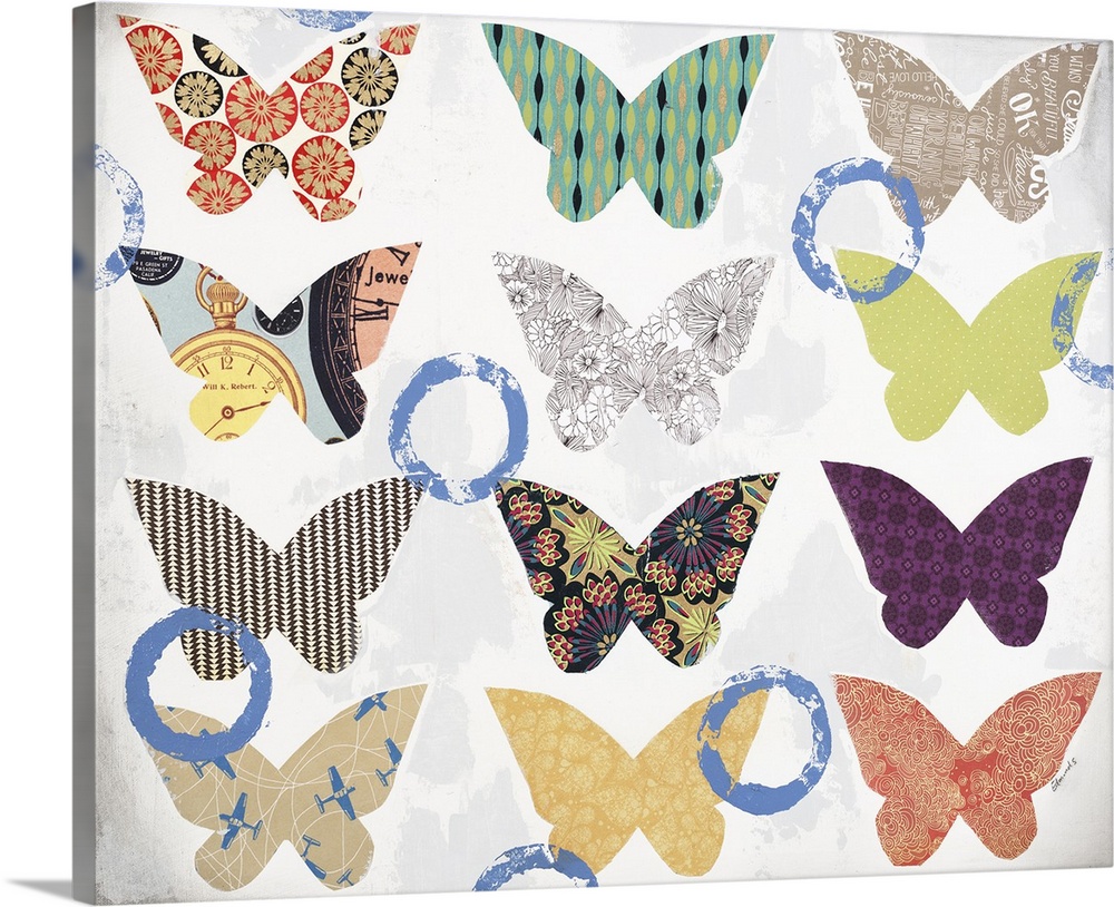 Contemporary mixed media artwork with colorful, patterned butterflies pasted onto a white and gray background with blue ci...