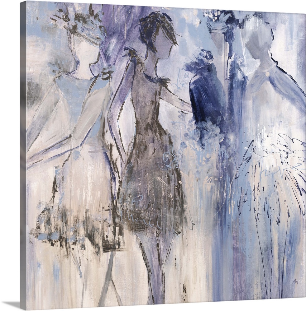 Contemporary artwork of several female figures in dresses in shades of blue and purple.