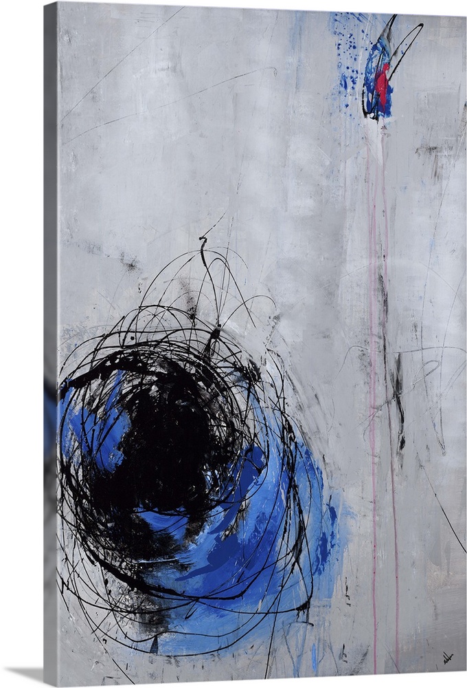 Vertical abstract painting with a grey background, blue swirl on the bottom left side with thin black swirling lines on to...