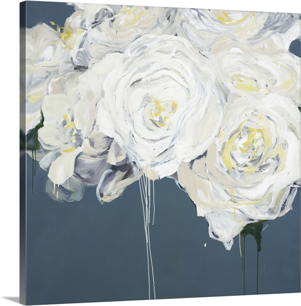Square contemporary painting of a bouquet of white peonies.