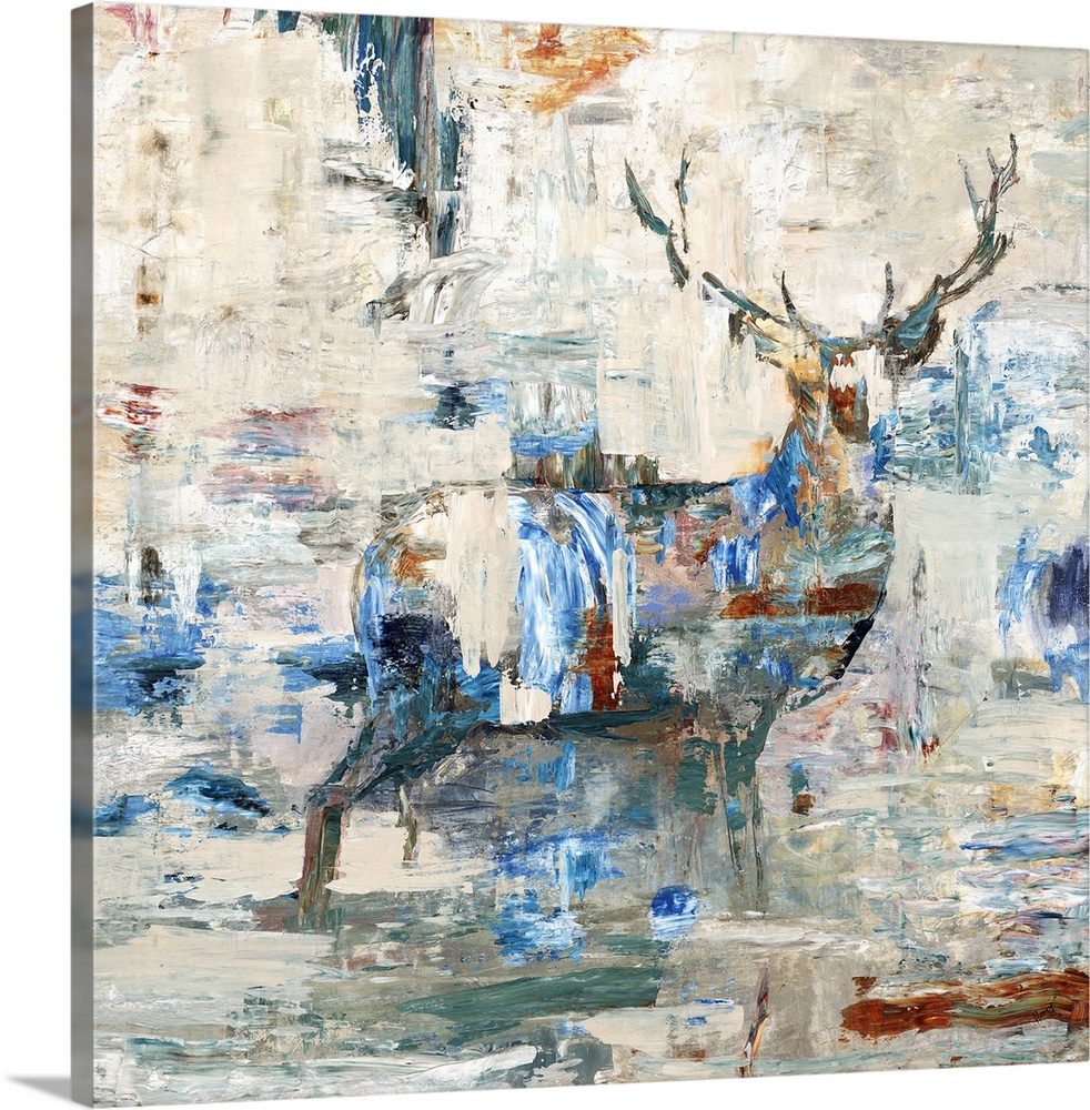 Square abstract artwork with a silhouette of a deer in the center with colorful brushstrokes all over in shades of blue, o...