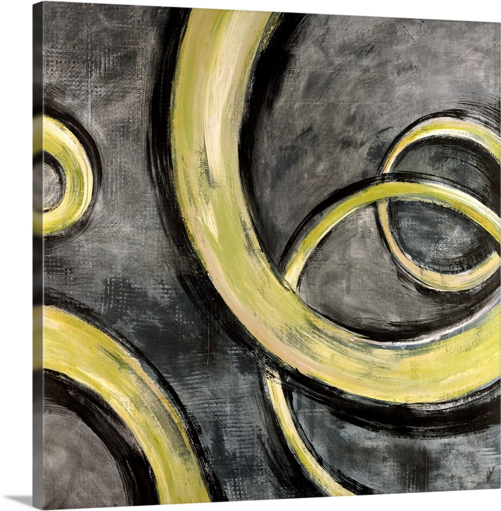 Square contemporary painting of yellow swirls moving along a textured gray background, evoking a feeling of movement and e...