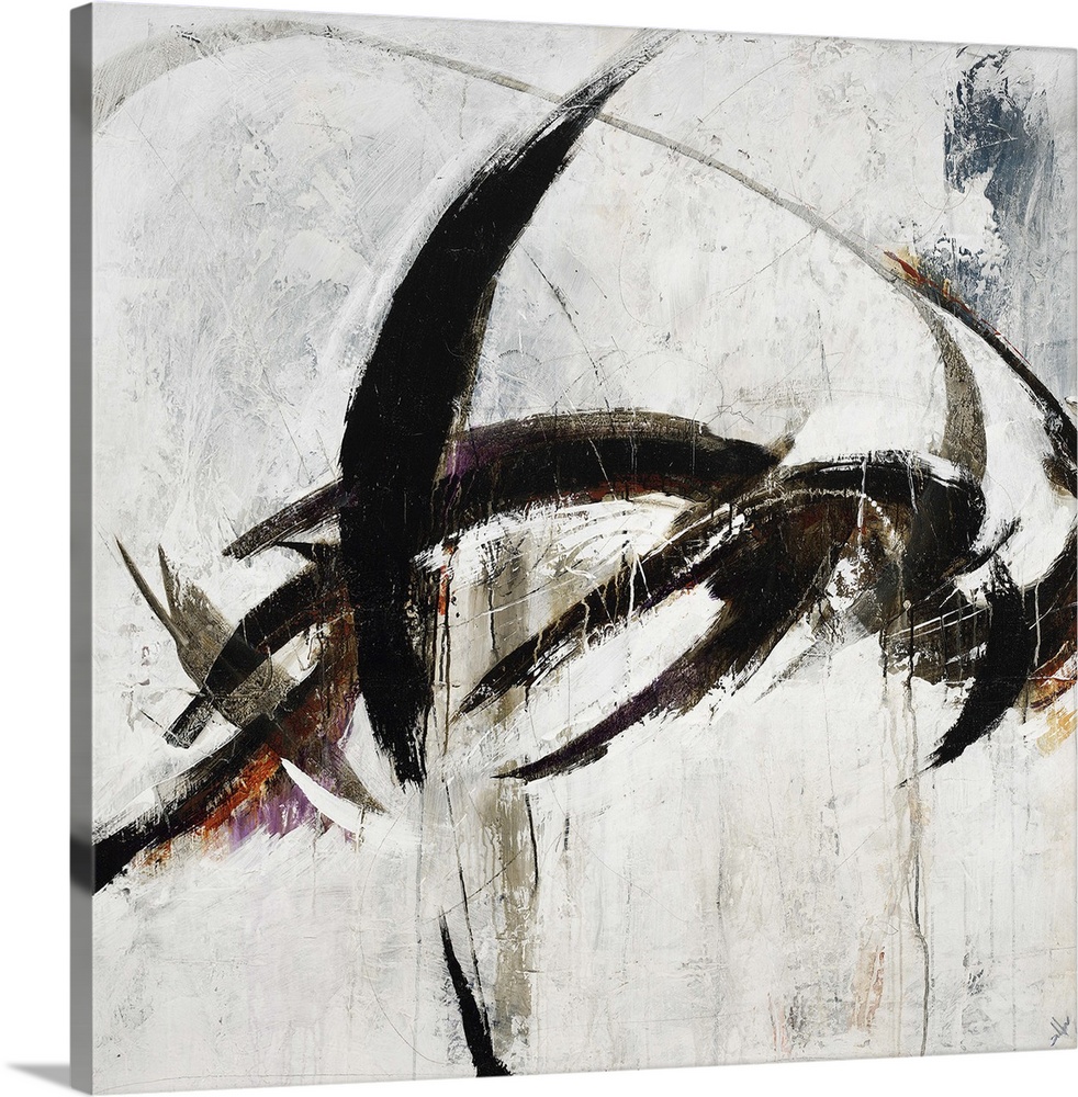 Abstract painting using harsh black paint strokes against a neutral background.