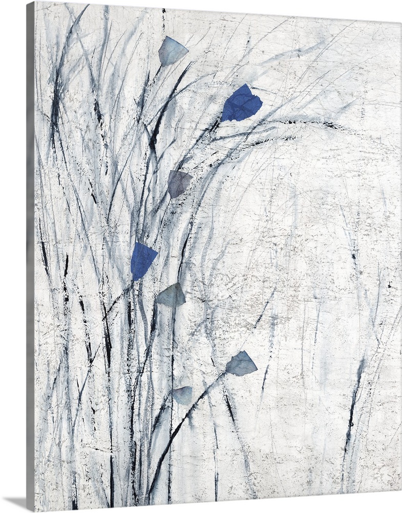 Contemporary painting of flowers with long, wispy leaves in shades of blue and gray.
