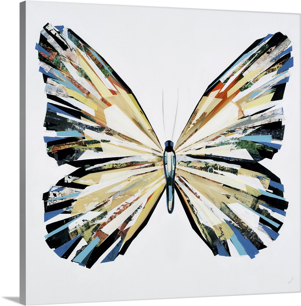 Colorful painting of a butterfly done in a collage style.
