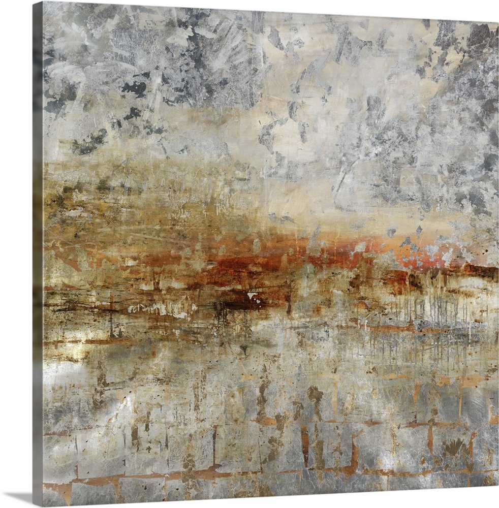 Contemporary abstract artwork in neutral earth tones with deep red in the center.