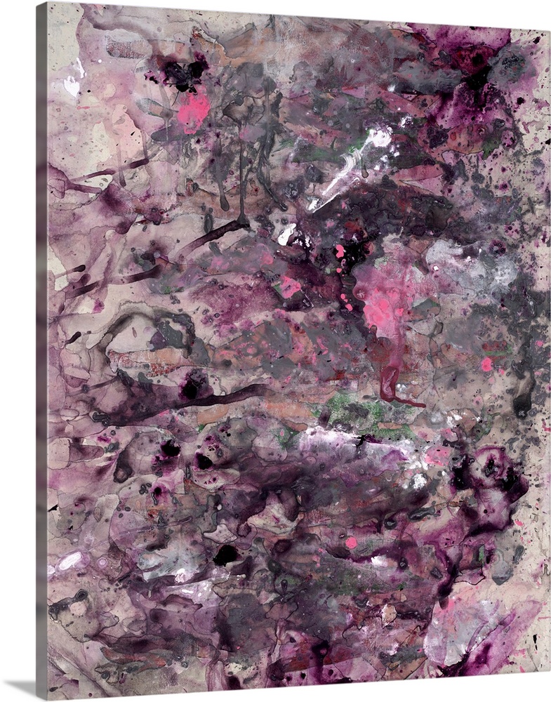 Contemporary abstract painting consisting of pink, purple, and black paint splatter design on a beige background.