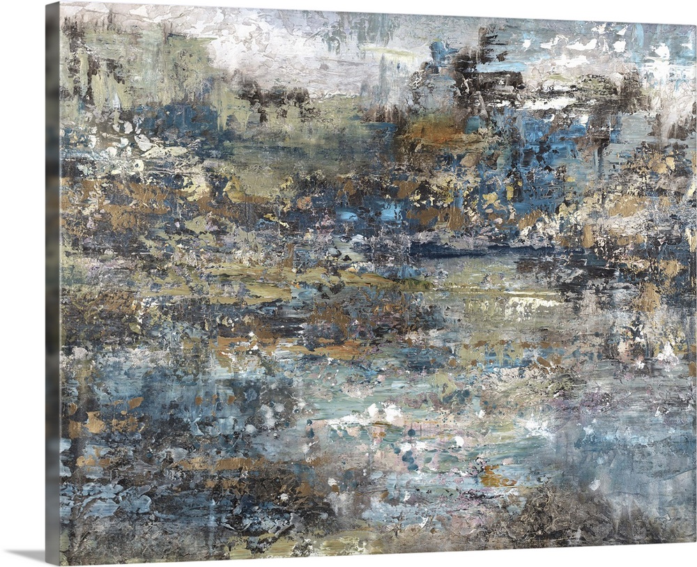 Rough textured abstract art with shades of blue, brown, gold, and white.