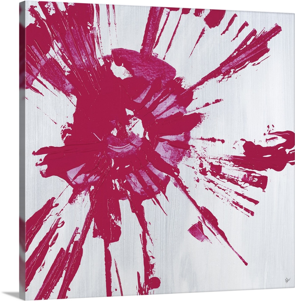 Square abstract painting with a pink circular splatter design on a gray background.
